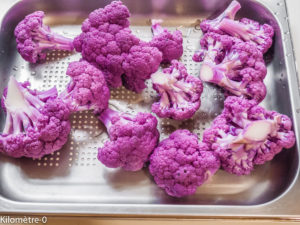 Photo de recette de chou fleur violet, bio, salade, facile, four vapeur de Kilomètre-0, blog de cuisine réalisée à partir de produits locaux et issus de circuits courts